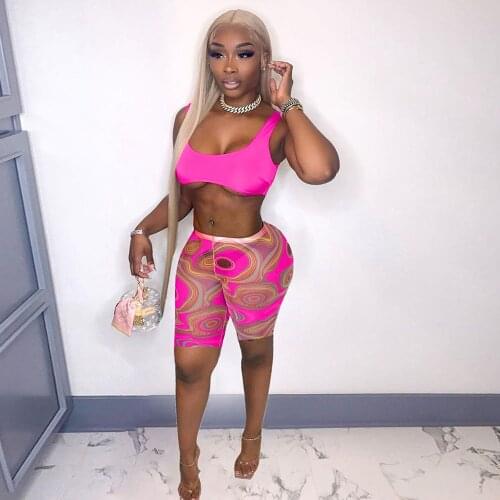 Art Aesthetic Print Fitness Two Piece Short Set Women Bandage Sleeveless Tank Tops and Biker Shorts Matching Outfit Streetwear