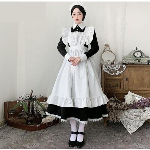 Women Maid Outfit Japanese Uniform Black White Anime Long Dress French Court Maid Dress Sweet Lolita Dresses Cosplay Costume