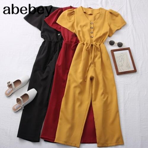 2021 New Spring Summer Fashion versatile V-neck single breasted Jumpsuit Sashes short sleeve Jumpsuit casual wide leg Pants