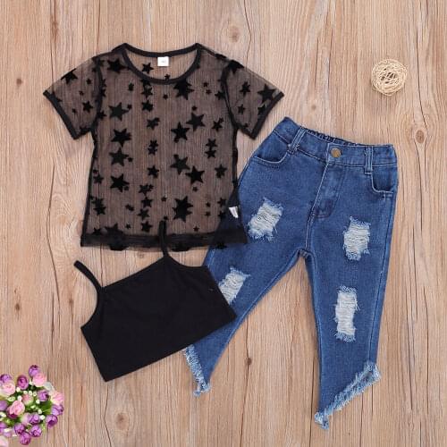 3Pcs Baby’s Summer Outfit, Strap Vest Short-Sleeves T-Shirt + Denim Ripped Pants with Irregular Legs Suits for Little Girl