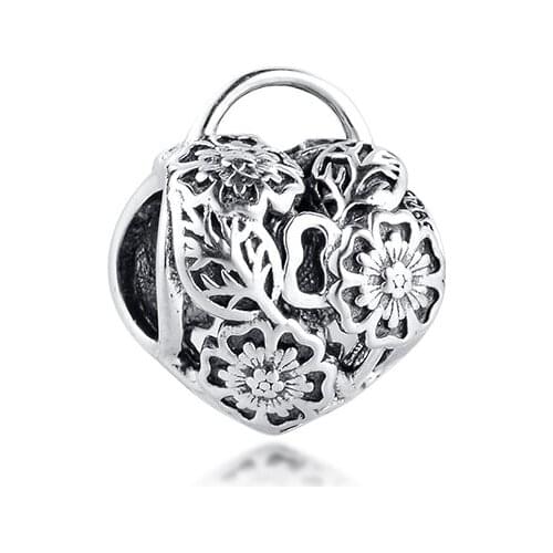 CKK 925 Sterling Silver Openwork Floral Heart Padlock Charm Beads for Jewelry Making for Women Men DIY Necklace 02008