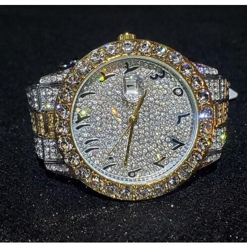 MISSFOX Iced Out Men Watch Arab Gold And Silver Top Brand Luxury Automatic Date Wristwatch Man Quartz Hiphop Relógio Masculino