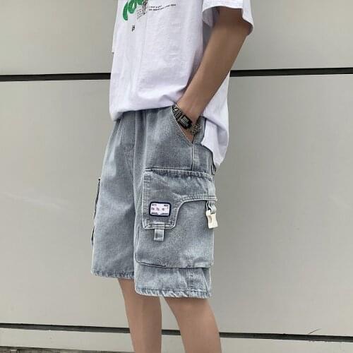 All-match Jeans Outer Wear Loose Big Pocket Overalls Five-point Pants Casual Trend Brand Labeling Washed Denim Shorts Men Summer