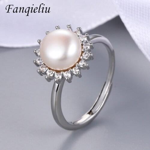 Fanqieliu Adjustable Crystals Jewelry Wedding Bands Natural Pearl Solid Sterling 925 Silver Ring For Women FQL21163