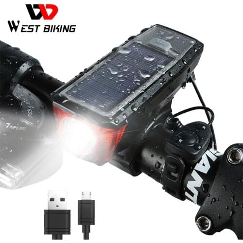 WEST BIKING Solar Power Bike Light Waterproof 350 Lumen Bicycle Bell Light LED USB Rechargeable Lamp Front Headlights Bike Light
