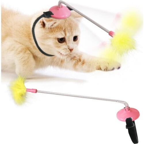 Cat Toy A Head-Mounted Rod With Elasticspring Feather Toy Teaser Interactive Intelligence Stick Wire Chaser Wand Cat Accessories