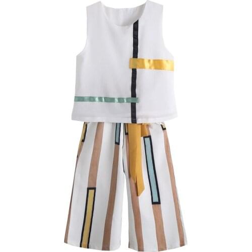 Girls Clothing Sets Summer Fashion Girls Sleeveless Splicing Design Casual Baby Sets 2Pcs Shirt + Pants Outfits