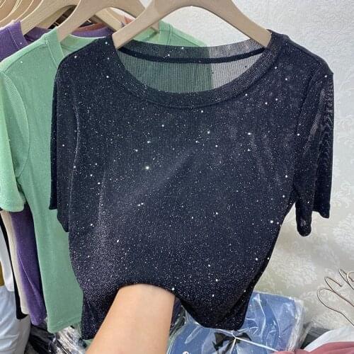 Lightweight Knitted Women T-Shirts Summer New 2021 O-Neck Solid Shine Sequined Slim Short-Sleeved Elegant Female Pulls Tops Tees
