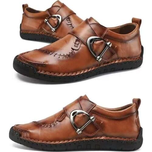 Mens Spring Autumn Casual Shoes Leather Large Size Buckle Covered Casual Shoes Soft Sole Anti-Collision Business Leather Shoes