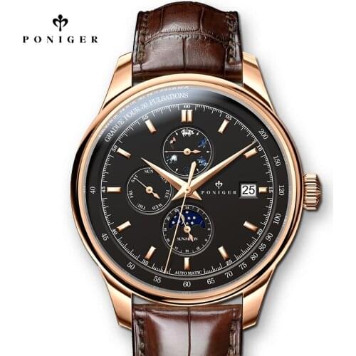 PONIGER Brown Genuine Leather Band Moon Phase Rose Gold Case Men Mechanical Watch Top Brand Luxury Automatic Self Wind Watch