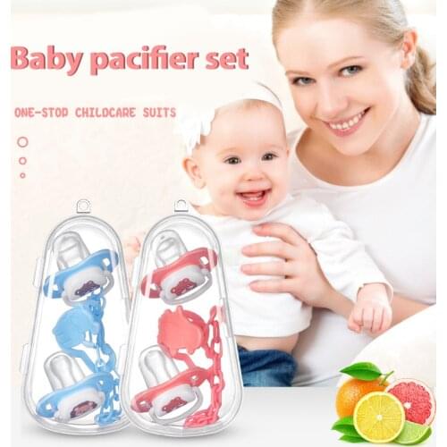 Baby Pacifier Set Silicone Nipple + Chain Combination Baby Sleeping Pacifier 1 Round Pacifier + 1 Flat Pacifier + 1 Chain