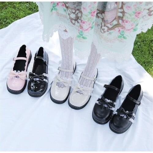Japanese College Students Girls Round Toe Bow Shoes Lolita JK Uniform PU Leather Shoes D641