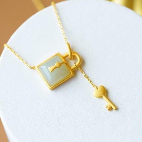 Natural Hetian white jade square lock Pendant Necklace Chinese style retro unique gold craft charm womens silver jewelry