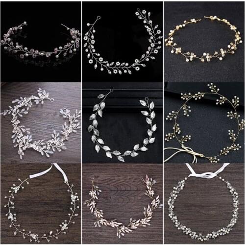Gold/Silver Leaf Headbands Crystal Pearl Hairbands Wedding Jewelry Accessories Bridal Handmade Girls Headwear Head Ornament