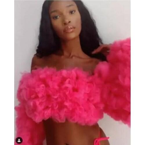 Fuchsia Tulle Women Tops With Long Sleeves Puffy Ruffled Top Girls Party Prom Formal Event Wear Custom Short Top