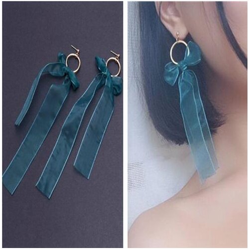 Ex689 Korean version Fashion Vintage Geometric circle green Ribbon bow earrings 2021 trend Womens Jewelry Accessories