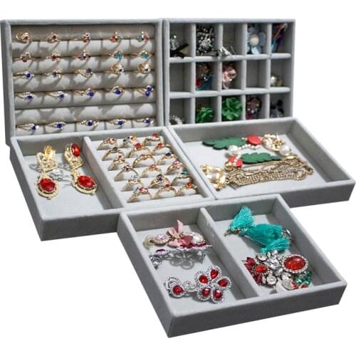 Jewelry Box Tray Storage Organizer Gray Soft Velvet Drawer Rings Earrings Pendants Storage Showcase