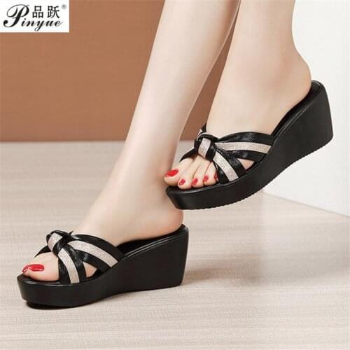 Big Size 34-43 Platform Slippers Women Summer Shoes 2021 Fashion Stipe Open Head Medium Heel Wedges Slides Ladies Beach Slipper