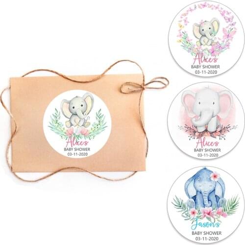 Elephant Personalized Baby Shower Round Stickers Customize Name Date Text Personalized Favor Stickers Baby Shower Stickers