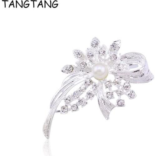 TANGTANG Fashion Brooch For Women Silver Plated Crystal Pearl Jewelry Pin Knot Brooch Scarf Clips Chic Trendy Brooches and Pins