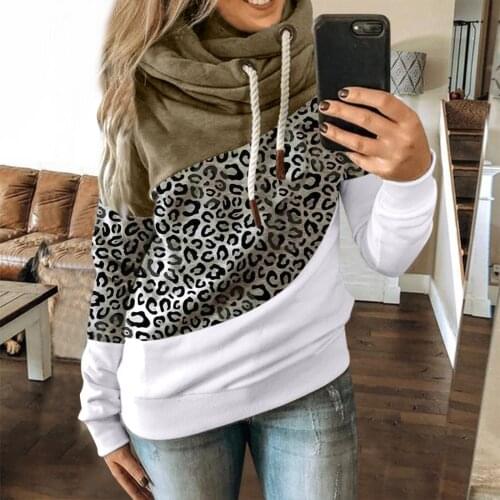 40#Women Patchwork Sweatshirts Casual Leopard Contrast Long Sleeve Hoodie Sweatshirt Tops Fleece Lady Hoodie Oversized Hoodie
