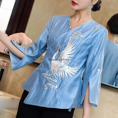 2021 traditional chinese dress cheongsam blouse flower embroidery qipao full sleeve tang costume lady banquet satin qipao blouse