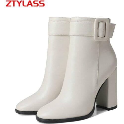 Women PU Leather Zipper Ankle Boots Fashion Buckle Square High Heel Short Boots Autumn Winter Pointed Toe Shoes Woman Big Size