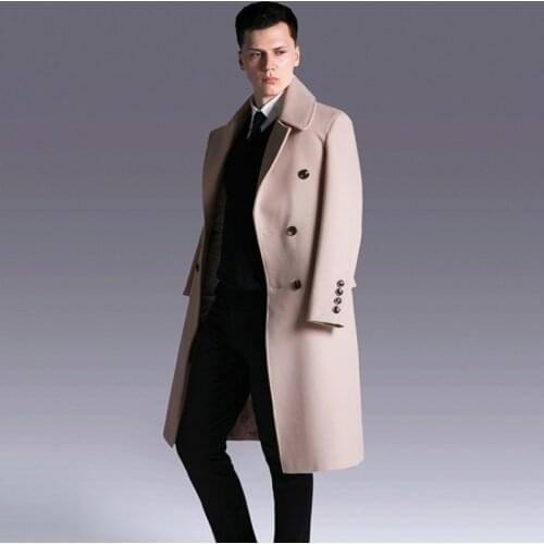 Winter Mens Office Work Woolen Blends Long Coat Erkek Mont Belted Slim Fit Overcoat Double Breasted Military Sobretudo Big Size