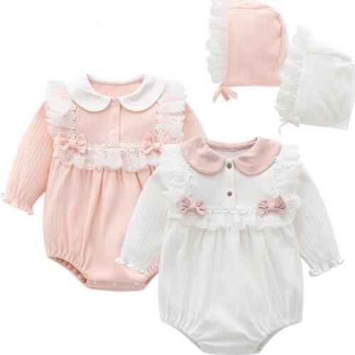 Baby Girls Bodysuits Princess Style Romper For Infant Girl 2pcs Onesie Hat Set Lace Ruffles Collar Spring&Fall Tops Newborns