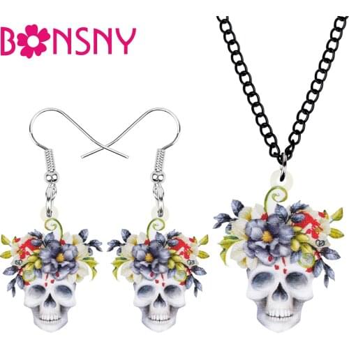 Bonsny Acrylic Halloween Flower Skeleton Skull Jewelry Sets Print Earrings Necklace For Women Kids Girl Fashion Gift Accessories