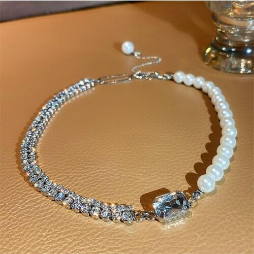 FYUAN Korean Style Zircon Crystal Choker Necklaces for Women Geometric Pearl Chain Necklaces Statement Jewelry