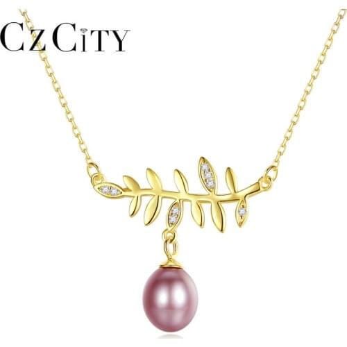 CZCITY Delicate Handmade Leaf Necklaces for Women Girls Wedding Party Natural Pearl 925 Sterling Silver Fine Jewelry Gift FN0263