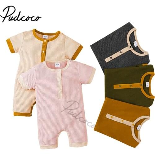 2021 Baby Summer Clothing Baby Girls Boys Short Sleeve Jumpsuit Summer Fashion Contrast Color Round Neck Single-breasted Romper