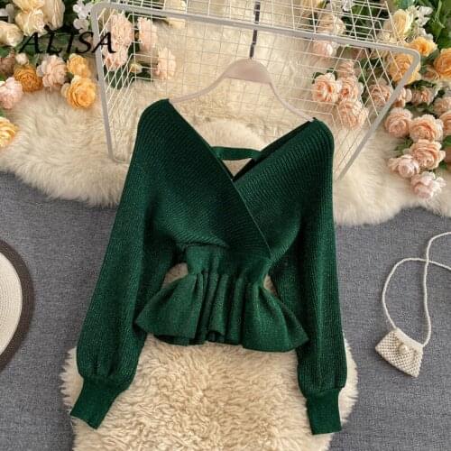 Elegant Women Bling Bling Sweater Fashion Spring Autumn Sexy V-neck Backless Ruffled Knit Pullover Tops Woman Bat Sleeve Shirt