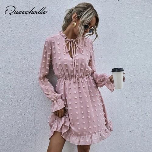 Lace Collar Ties Elegant Dresses for Women 2021 Spring Solid Ruffles Long Sleeve Midi Dresses A-line Female Casual Vestidos