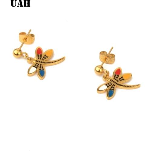 UAH Simple Lovely Stainless steel Enamel Dragonfly Earrings For Women brincos oorbellen