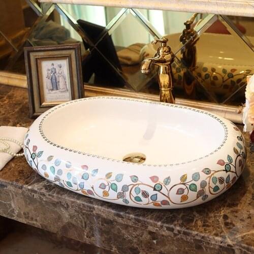 China Artistic Procelain Handmade Europe Vintage Lavabo Washbasin Ceramic Bathroom Sink Counter Top ceramic wash basin oval