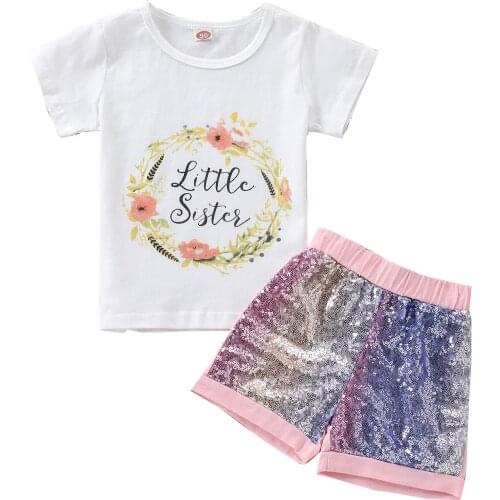 New Girl’s T-shirt and Shorts Set Fashion Letter Wreath Short Sleeve Tops and Sequin Short Pants Set