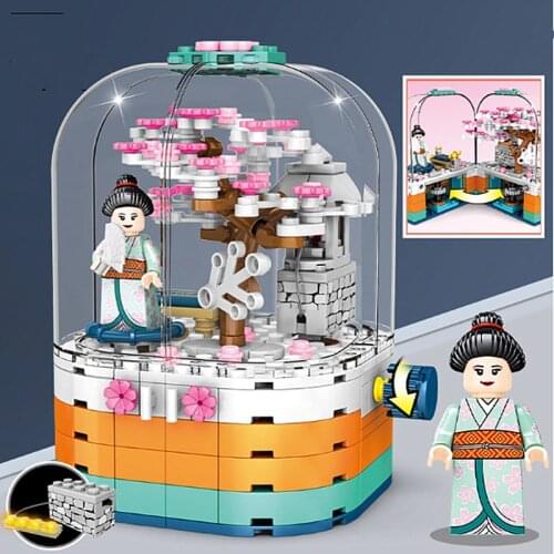 Sakura Building Blocks Sembo Block Transparent Rotating Box Model with Lights Miniature Landscape Japanese Street View Toys