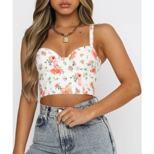 Musuos Ladies Sexy Bustier Crop Tops Summer Women Lace Trim Sling Straps Backless Vest Camis Floral Print Zipper Top Beach Club