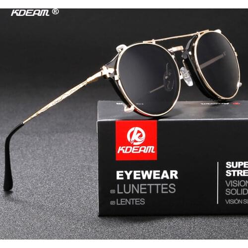 KDEAM Novelty Women Clip On Steampunk Sunglasses UV400 Men Round Sun Glasses UV400 Mirror Stylish Gafas de sol with Case
