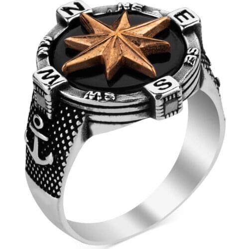 Silver Mens Ring with Anchor and Compass Ornaments Sailor Ring for Men 925 Sterling Silver Ring