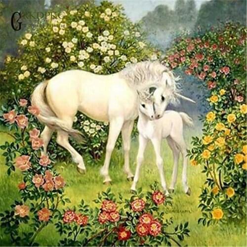 GRKDPKJ White unicorn 5d diamond painting full square diamond embroidery Cross stitch pictures of rhinestones Wedding decoration