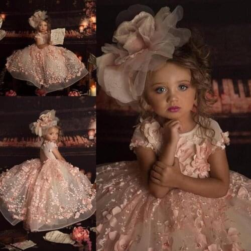 Flower Girls Dress Petal Power Pink Girl Pagenat Dresses Princess Crew Neck 3D Lace Applique Cap Sleeve Long Sexy Children Image