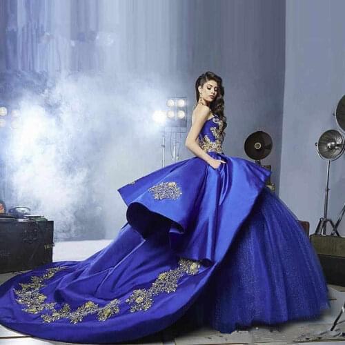 Bealegantom Luxury Royal Blue Quinceanera Dresses 2021 Ball Gown Gold Embroidery Beads Sweet 16 Dress Pageant Party Gown QA1644