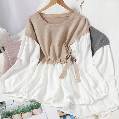 Long sleeve Shirt Women knitted Splicing Fake two Bandage Tops 2021 Spring Autumn Womens Blouses O-neck Loose Shirts