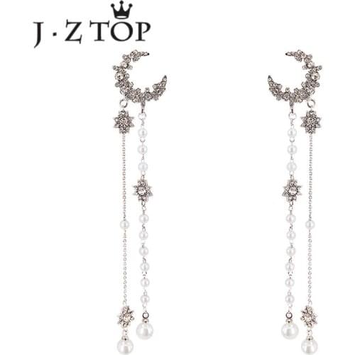 JZTOP Star Moon Crystal Stud Earrings Imitation Pearl Long Tassel Earrings For Woman Luxury Rhinestone Earring Jewelry
