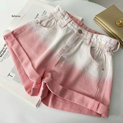 Women Summer Fashion Gradient Color Shorts Female High Waist Hemming Cuffed Denim Shorts Ladies Loose Hto Shorts