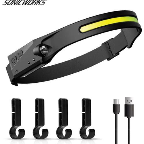 COB LED Headlamp Sensor Headlight 5 Lighting Modes Work Light USB Rechargeable Head Lamp Torch with Built-in Battery Flashlight