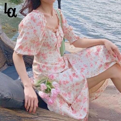 Luck A Summer Elegant Floral Print Dress Women Kawaii Korean Sweet Style Lace Up Slimming Dress Puff Slevve Party Dress 2021